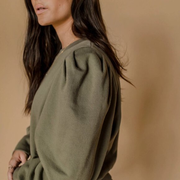 NWT Retro Puff Sleeves Pullover Sweatshirt Khaki Green - Picture 2 of 2